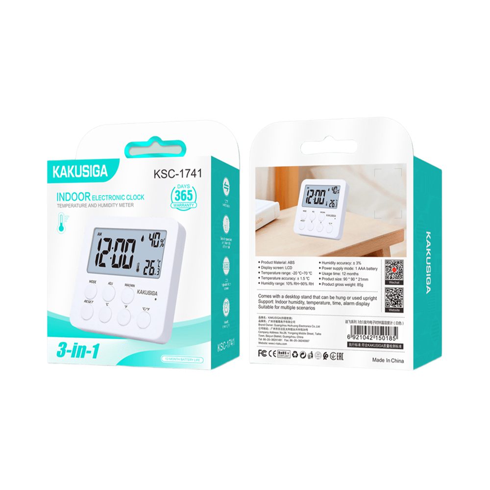 Kakusiga KSC-1741 DIFEI Series 3-in-1 Indoor Digital Clock Thermometer and Hygrometer White - imagine 2