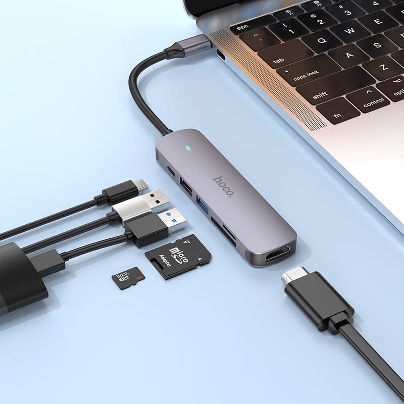 Hoco HB28 Type-C multi-function converter(HDTV+USB3.0+USB2.0+SD+TF+PD) metal gray